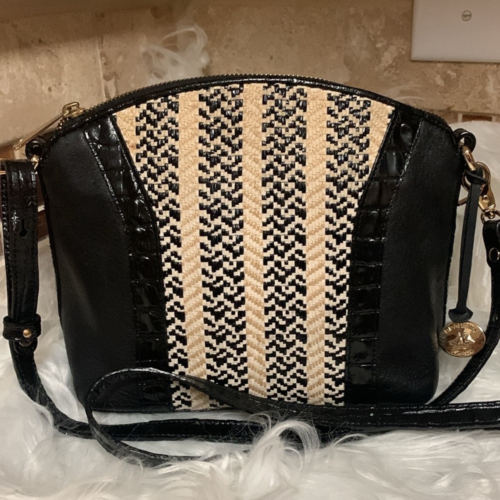 Brahmin Black and Cream Croc Textured Leather Adjustable  Zippered Crossbody Bag